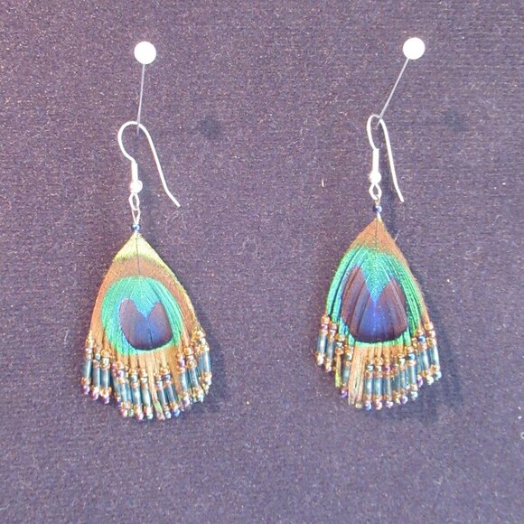 Vintage, Peacock Feather, Beaded, Earrings, Circa 1980's, Handmade - Picture 4 of 4